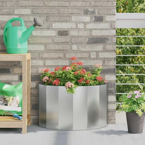 Hoopleep Pflanzkübel Silber 60x30x35 cm, verzinkter Stahl, halbrund, Garten Outdoor Beet, robust, für Pflanzen Gemüse Blumen