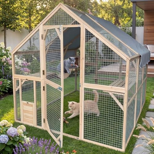 Katzengehege Outdoor XXL – Katzenauslauf und Freilaufgehege für Garten | Massives Holz, 2 mm verzinktes Stahlgitter, begehbar durch große Tür, wetterfest, inkl. Schutzhäuschen, auch für Terrasse