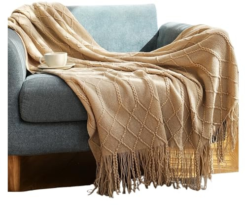 Grobe Strickdecke Grobstrickige, weiche und kuschelige Strickdecken mit Quasten for Sofa Bett, warme, gewebte Decken im Landhausstil(Color 1)