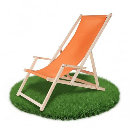 Mucola Liegestuhl Strandstuhl klappbar mit Armlehnen 3-Fach verstellbar | Orange, Kiefer-Holzrahmen, UV-beständiger Polyester-Bezug, wasser- und wetterfest, Campingstuhl, Strand, Garten, Relaxstuhl