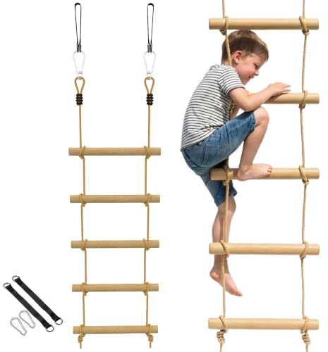 AIYAPLAY Scala di Corda 1.8m Scaletta Altalena Parco Giochi Esterno | Accessori per Altalene, Arrampicata a 5 Pioli per Bambini, 2 Moschettoni, 2 Cinghie per Alberi