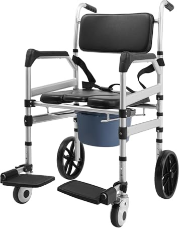 Silla plegable para inodoro de hasta 150 kg, de aluminio, altura del asiento de 46 – 51 cm, silla de ruedas para baño con inodoro y ruedas con frenos, silla de ruedas para personas mayores y movilidad