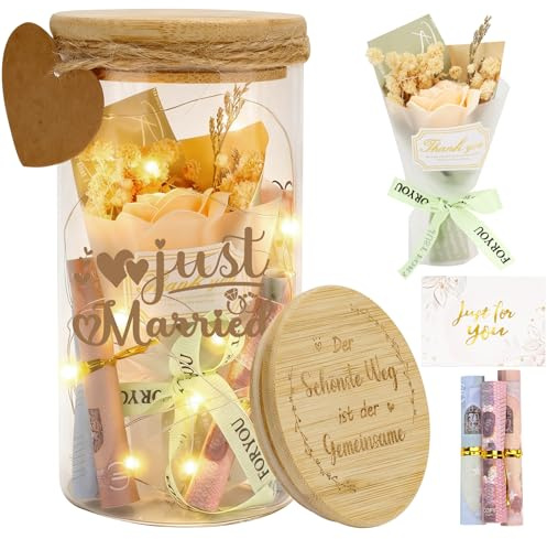 Hochzeitsgeschenke Spardose für Brautpaar und Frisch Verliebte mit Trockenblumen, Anhänger und Card, Hochzeit Just Married Personalisiert Geldgeschenke Hochzeit Hochzeitskasse Spardose (Get Married)