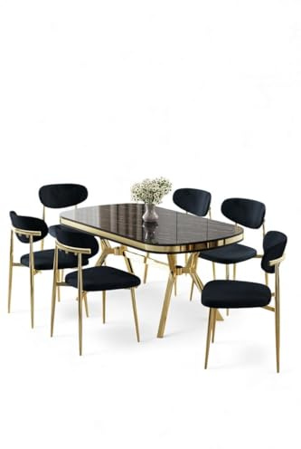 Hanah Home Elegantes 7-teiliges Esszimmer-Set mit Tisch und Stühlen, schwarzer Marmor und Gold, 100% lackierte Platte, modernes Design, Metallbeine