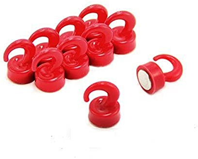 Red Plastic Mini Magnetic Hooks for Fridge, Office, Whiteboard, Noticeboard, Filing Cabinet - 12mm Dia x 20mm Tall - 1kg Pull - Pack of 10