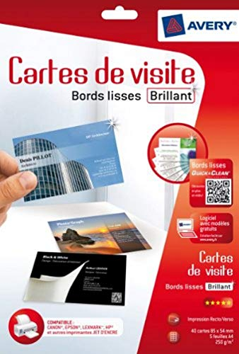 AVERY - Pochette de 40 cartes de visite à bords lisses (240g/m²). Personnalisables et imprimables. Format 85 x 54 mm. Impression jet d'encre.