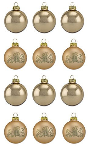 Thüringer Glasdesign A012-0808-1340 - 12 teiliges Glaskugel Sortiment in Gold, Uni glanz und Deko matt mit Dekor Kerze