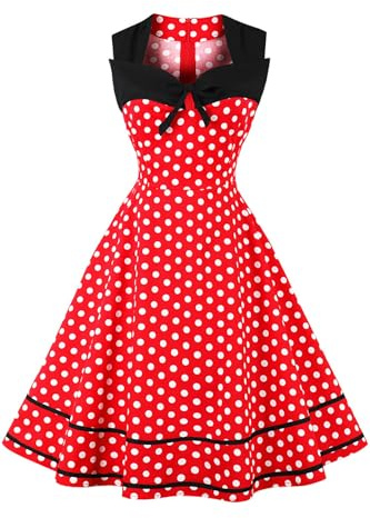 AXOE Femme Robe Vintage Rockabilly Années 50 Coton | Motif à Pois, Coupe Évasée, Col Carré, Nœud Poitrine, Sans Manches, Style Pin up, Mariage, Guinguette, Soirée et Garden Party