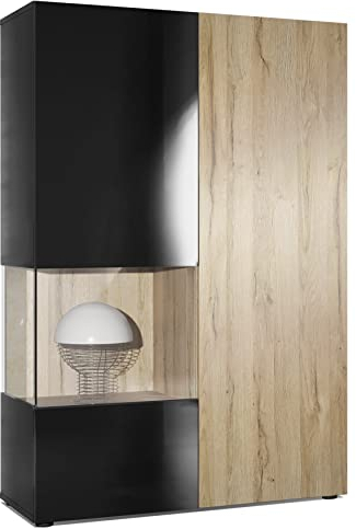 Vladon Vitrine Kommode Hochschrank Morena, Made in Germany, Korpus in Schwarz matt/Rechte Tür und der Einsatz in Eiche Natur