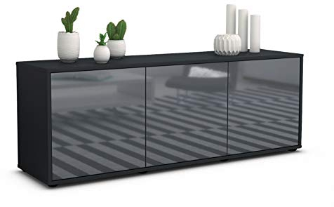 Stil.Zeit TV Schrank Lowboard Allegra, Korpus anthrazit matt, Front Hochglanz Design Grau Graphit (135x49x35cm), Push to Open Technik