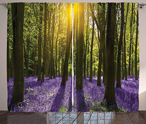 ABAKUHAUS Urwald Rustikaler Gardine, Bluebell Blüten, Schlafzimmer Kräuselband Vorhang mit Schlaufen und Haken, 280 x 260 cm, Violett Grün