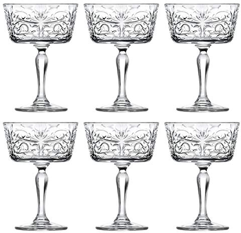Barski Champagne Glasses - Flute - Saucer - Belle Coupe - Set of 6 Glasses - Glass Crystal - Glass has Tattoo Design -9 oz Made in Europe