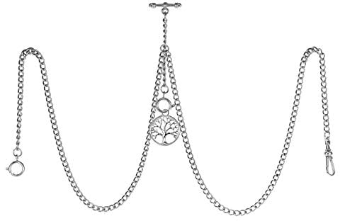 TREEWETO Men's Double Albert Chain Pocket Watch Curb Link Key Chain 3 Hooks with Antique Silver Life Tree Pendant Design Charm Fob T Bar