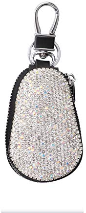 ihreesy Autoschlüssel Hülle Glitzer,Multifunktions Leder Schlüsseletui Bling Strass Schlüsseltasche Schlüsselhülle Schlüsselmäppchen mit Reißverschluss und Karabiner,Weiß