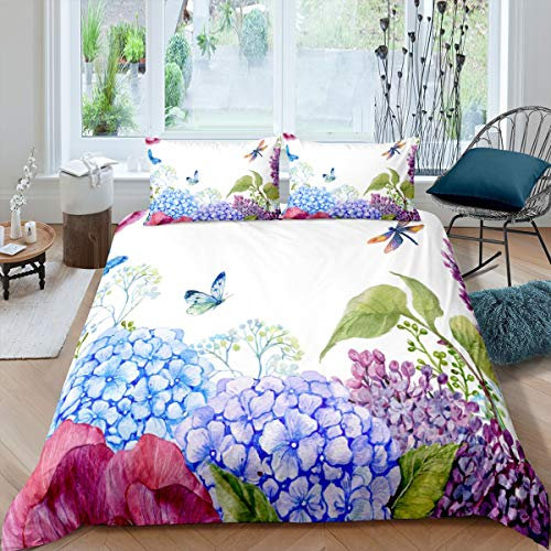 Floral Duvet Cover Butterfly And Dragonfly Bedding Set Blossom Flowers Comforter Cover for Boys Girls Kids Room Decor Lilac Violet Hydrangea Lightweight Bedspread Cover Single Size
