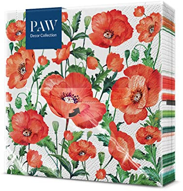 PAW - Serviette Papier 3 Plis (33 x 33 cm) I Lot de 20 I Serviette de Table Papier Idéal pour les Anniversaires, les Fêtes Patronales, les Garden Parties, les Événements Familiaux (Flanders Poppy)