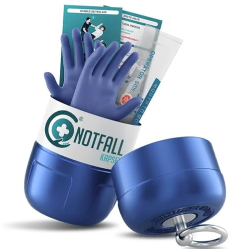 Notfallkapsel L Dunkelblau - Mini Erste Hilfe Set für unterwegs | Kompakt, wasserdicht & stoßfest | Ideal für Auto, Reisen & Outdoor | Mit Schutzhandschuhen & Anleitung