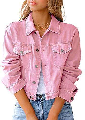 Tomwell Veste en Jean Femme Blouson pour Femme Mi-Saison Manteau Court Veste Casual Boutons Jacket Poches Utility Jacket Automne Hiver Veste Manteau Outwear A Rose XL