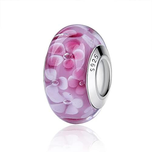 Nbsameng Breloque en Verre de Murano, Charms pour Bracelets et Chaînes pour Femme, Charm en Argent à 925, Breloques Compatibles Pandora, Gnoce et Trollbeads,Fleurs roses