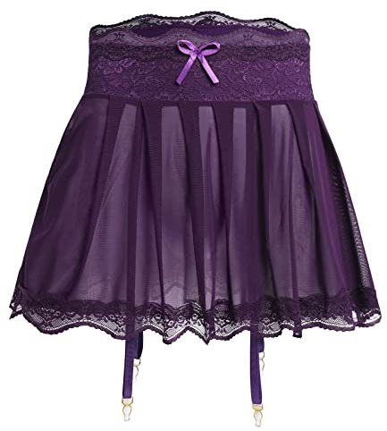 ABAFIP Herren Sissy Crossdressing Dessous Durchsichtiger Minirock mit Strumpfhaltern Gürtel Riemchen Spitzenbesatz Tüll Micro Röcke Unterwäsche, Dunkles Violett, XX-Large