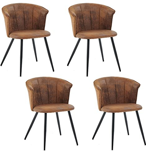 MEUBLE COSY Esszimmerstühle 4er Set Küchenstuhl Retro Polsterstuhl mit Armlehne Sessel aus Vintage Künstlich Wildledersitz Metallbeine Braun