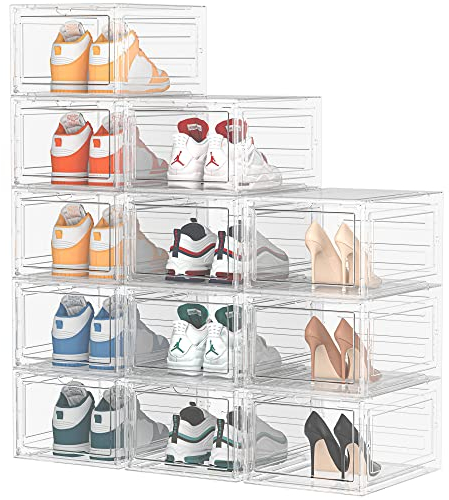 Cajas para Zapatos, 12 pcs Organizador Zapatos Cajas de Almacenamiento de Zapatos de Plástico Transparente Apilables, Contenedores Organizadores de Zapatos con tapas para Mujeres/Hombres