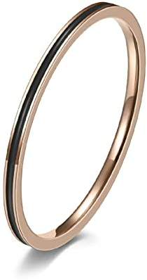 Daesar Ring für Damen Edelstahl, Frauen Ringe Rosegold 1.2MM Schmal mit Schwarz Emaille Partnerringe Freundschaftsringe Gr.52 (16.6)
