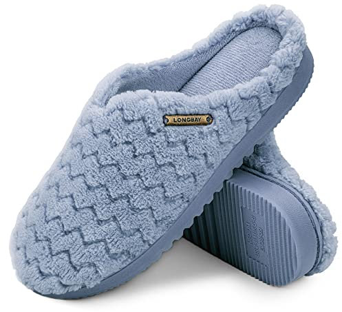LongBay Women's Flannel Slippers Soft Memory Foam Slip on House Shoes Indoor Outdoor（5-6，Blue）