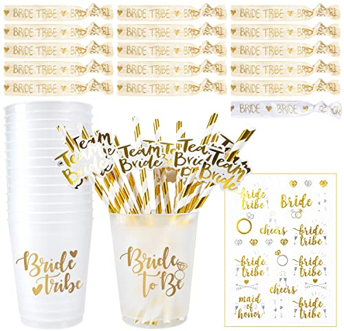 iZoeL 16Set JGA Becher Bride Tribe Cups/Team Bride Strohhalme/JGA Armbänder/JGA Bride to be Tattoo, Junggesellenabschied Frauen Deko Gold