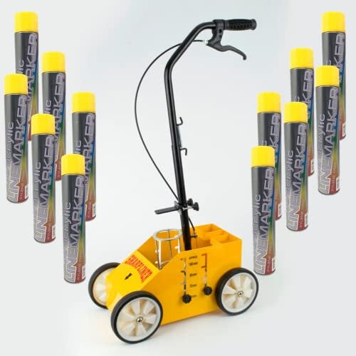 LineStar Yellow Floor Line Marker Spray Paint 12 Aerosols & 4 Wheel Pro Model Line Marker Spray Paint Applicator. For Schools, Sports Surfaces, Industrial marking,Safety Marking (4 Wheel & 12X Yellow)