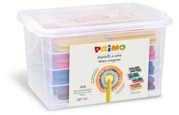 PRIMO – Farbige Wachsmalstifte, Koffer mit 216 Stück in 12 Farben für Kinder ab 3 Jahren, Hochfeste und Langlebige Buntstifte für Schreibwaren und Kreative Arbeiten für Kinder, Keine Schmutzigen Hände