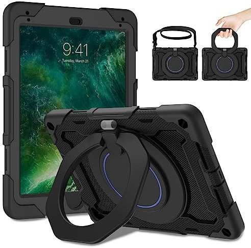 ROISKIN Case for iPad 6th/ 5th Generation 9.7 Inch 2017/2018 with Screen Protector: Heavy Duty Rugged Cover for iPad Air 2/ Pro 9.7 Kids Case, Pencil Holder, Rotating Stand, Shoulder Strap - Black