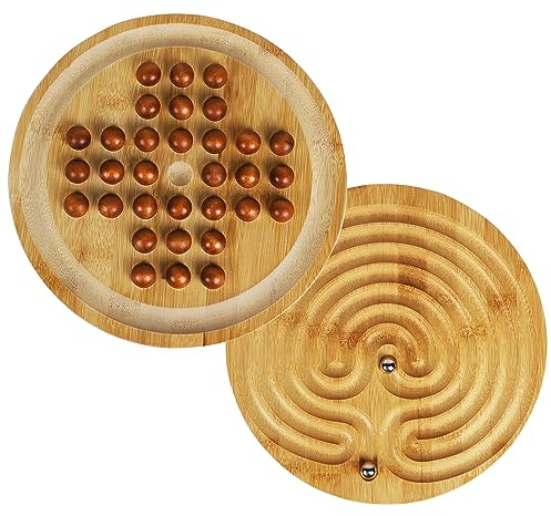 TOWO Jeu de solitaire et labyrinthe en bois 2 en 1 - Jeu de société classique à un joueur - 25 cm - Jeu d'équilibre et de stratégie - Puzzle 2 en 1 - Pour 6 ans à adultes