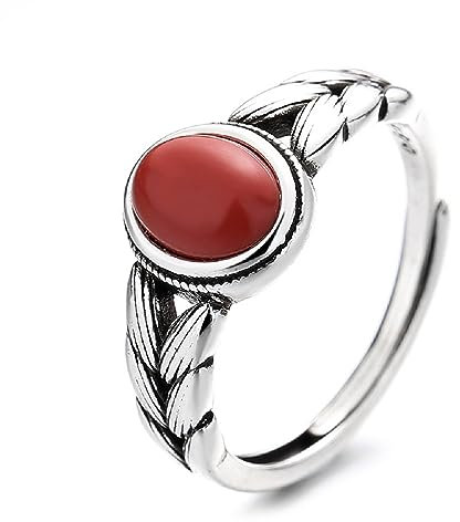 CUSIOALQQ Anillo vintage de ágata de plata de ley 990, anillo ajustable con apertura de piedra de ágata natural roja para mujer, pulido sintético, delicado anillo étnico tallado para cóctel, regalo de