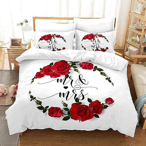EHAOKK Rote Rosa Rose Blumen Muster Bettbezug Set,Kreative Rose Bettwäsche Set 3 Teilig,bettwäsche Blumen,Herz Rosenblütenblatt,bettwäsche rote Rosen,bettwäsche mit Rosen(B, 220 x 240 cm)