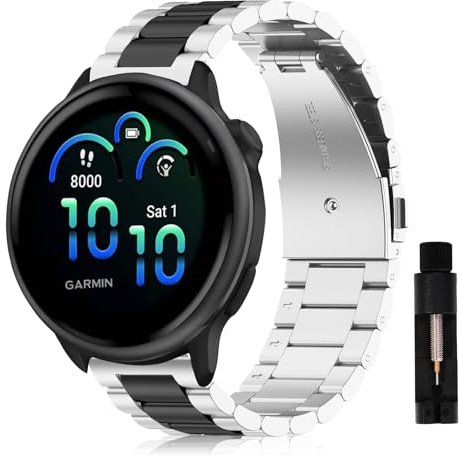 SumRioo 20mm Metall Armband für Garmin Vivoactive 6/5/3, Silber/Schwarz | Edelstahl Damen Herren Uhrenarmband für Garmin Forerunner 55/165/165 Music/245/245 Music/570 42mm