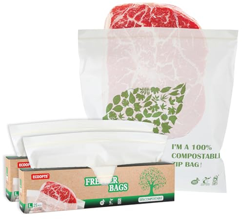 ECOOPTS 100 % kompostierbare, große Gefrierbeutel mit Reißverschluss × 50 | umweltfreundliche Lebensmittel-Aufbewahrungsbeutel | Gefrierbeutel | pflanzlich BPA-frei | gut verschließbar für Obst,