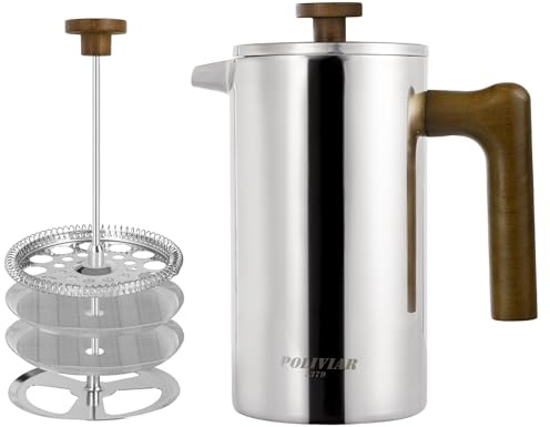 Poliviar French Press Edelstahl Kaffeebereiter 1 Liter | Doppelwandig isoliert Kaffeebereiter, Handfilter Kaffeepresse, Plunger & Griff aus Holz