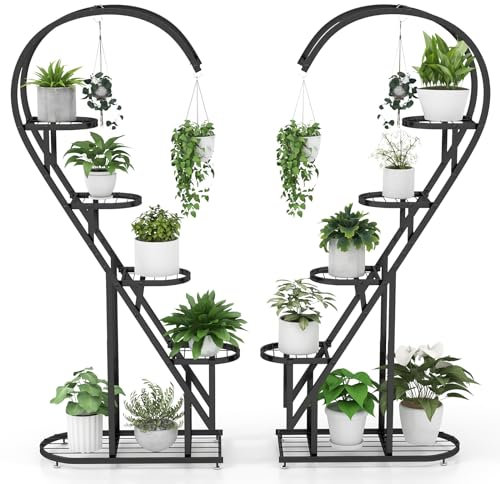 TANGZON 5 Tiered Metal Plant Stand, Heart Shape Ladder Flower Stand with Hanging Hooks & Adjustable Foot Pads, Large Plant Display Rack for Home Living Room Garden Balcony Patio (Black)
