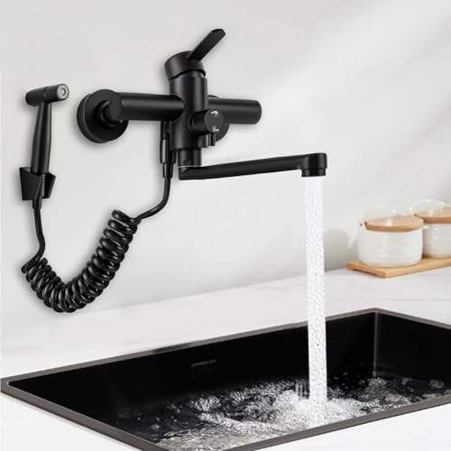 KEESUNG Wasserhahn mit Spritzpistole, Edelstahl Wandarmatur Küchenarmatur Wandmontage Wand Schwenkbarem Spültischarmatur Einhebelmischer 360° Drehbar Auslauf Spülbecken, Schwarz
