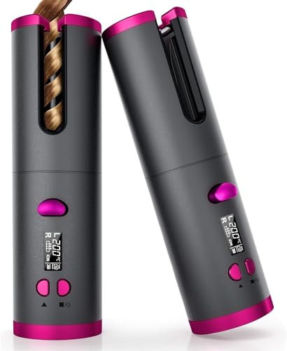 Deals Arricciacapelli Automatico Senza Fili, Ferro Arricciacapelli Intelligente in Ceramica con Display LCD, Temperatura Regolabile e Timer, Styler Portatile Ricaricabile per Casa, Salone