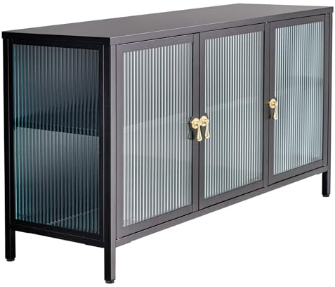 Riess Ambiente Modernes Sideboard Amsterdam 105cm schwarz Gold Riffelglas Metall Vitrine Schrank Kommode für Dein Wohnzimmer