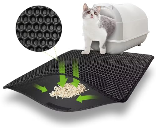 Katzenklo Matte 75x55 CM mit Klettverschluss und Großes Loch Design, Katzenstreu Matte Doppelte Wasserdichte und Rutschfeste, Katzenmatte Katzenklo Ungiftiges Material, Cat Litter Mat Schwarz