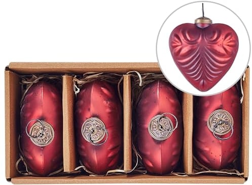 Christbaumschmuck 4er Set Glas rot handgemachte Weihnachtskugeln Herz Feriable