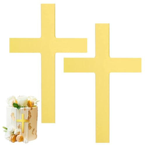 RDNKVB Gold Acryl Cake Topper 10x7cm Kreuz Kuchendeko Torte Deko Spiegel Kuchen Dekoration Set für Hochzeit Geburtstag Party Kommunion 2Stk.