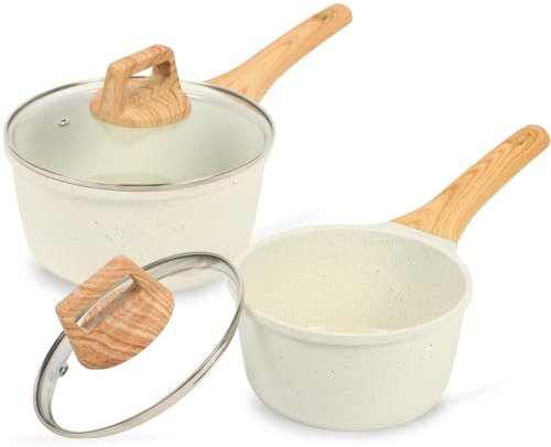 ESLITE LIFE Soßentopf-Set mit Deckel, antihaftbeschichtet, klein, kompatibel mit allen Herdarten (Gas, Elektro und Induktion), PFOA-frei, Weiß