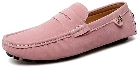 Ninepointninetynine Mocassini da uomo punta rotonda in pelle scamosciata Vamp Penny Driving mocassini comodi flessibili tacco piatto moda casual slip on, rosa, 44 EU