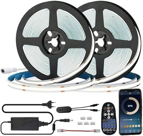 FOLGEMIR 10m (2x 5m) COB LED Streifen Kalt Weiß 6000K, Dimmbar 8mm Strip, Bluetooth APP kontrolliert, selbstklebend, Flexibel Lichtleiste mit 12V Netzteil RF Fernbedienung