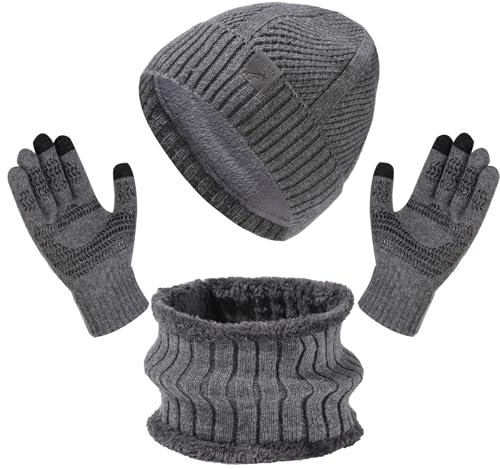 Enwokran Ensemble de Tricotés Bonnet Écharpe e Gants pour Homme,Chapeaux Foulard Écran Tactile Gants Set Doublé Chenille Tricot Bonnets Cache Cou Polaire Doublé pour Temps Froid (Gris)