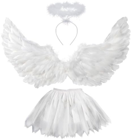 Sunshine smile 80CM Engelsflügel Weiß,Damen Engel Flügel,Engelsflügel Kostüm Kinder,Mädchen Engel Kostüm,Engelsflügel Deko Kostüm mit Heiligenschein TUTU-Rock,Engel Kostüm für Karneval Party Cosplay